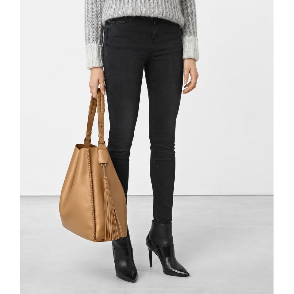AllSaints Pearl Hobo Bag Tan Leather Whipstitch Tassel Slouchy Shoulder Tote